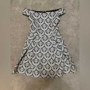 Miami Brand Blue and Cream Off the Shoulder Dress